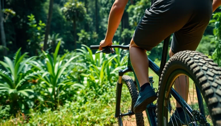 Trek mountain bike navigating Indonesian rainforest trail, emphasizing durability and adventure capabilities for outdoor enthusiasts.