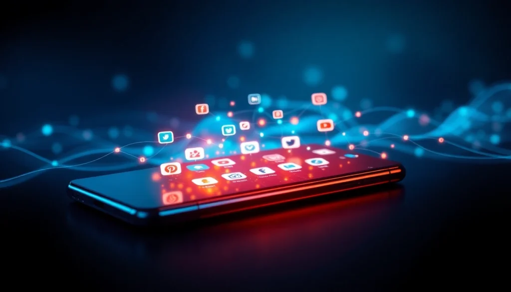 Visual illustrating https://32win.social/ empowering online communities through engaging social media strategies, with colorful interface elements and interconnected icons for enhanced engagement.