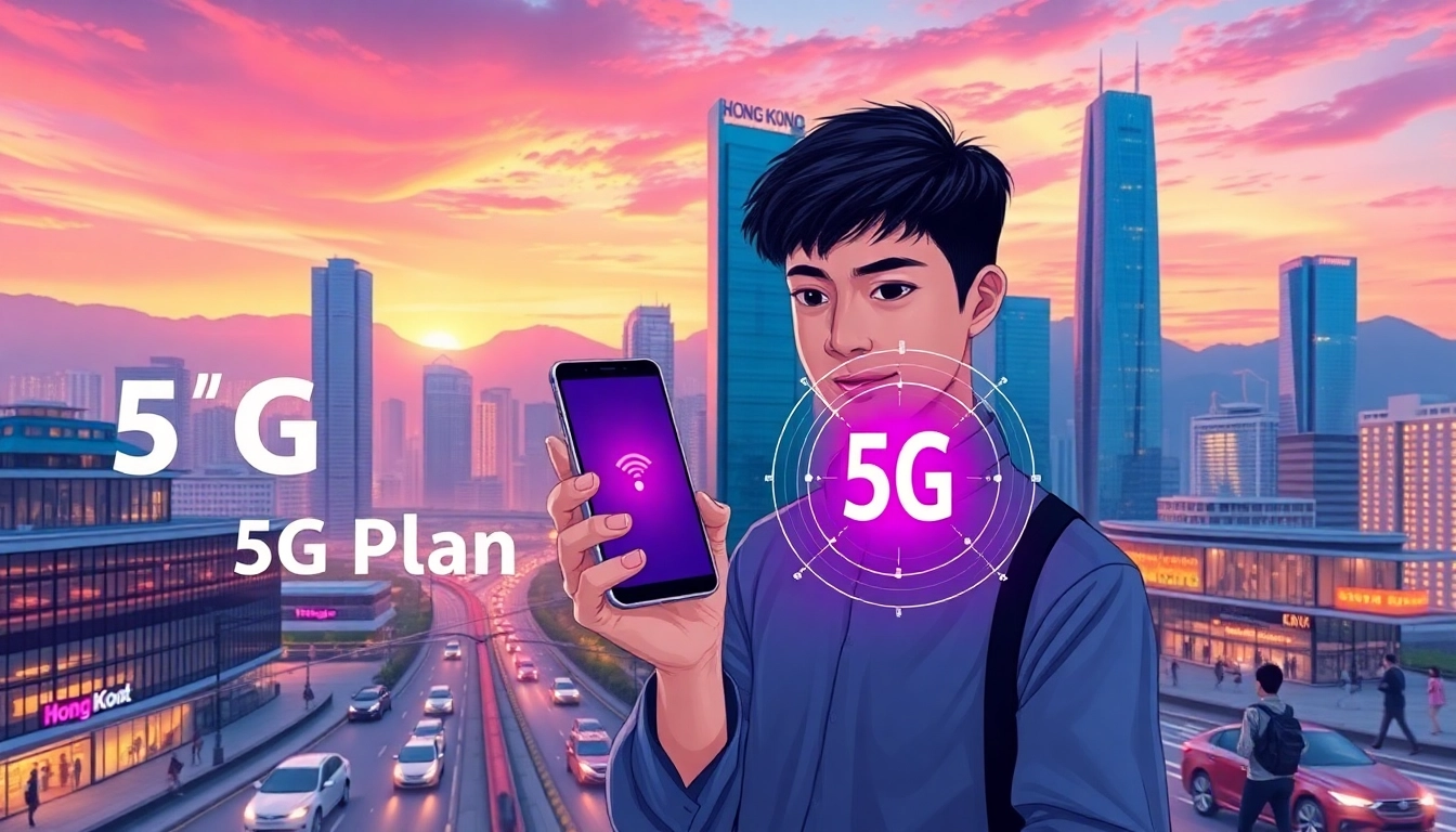 香港都市夜景,前景一人持手機展示5G信號,背景繁忙街道與摩天大樓,充滿科技感的數碼插畫風格。