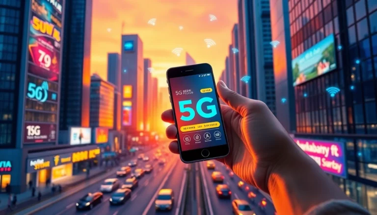 香港城市夜景，年輕專業人士手持手機展示5G計劃界面，背景為繁忙的街道與閃爍的霓虹燈，展現現代科技與都市生活的結合。