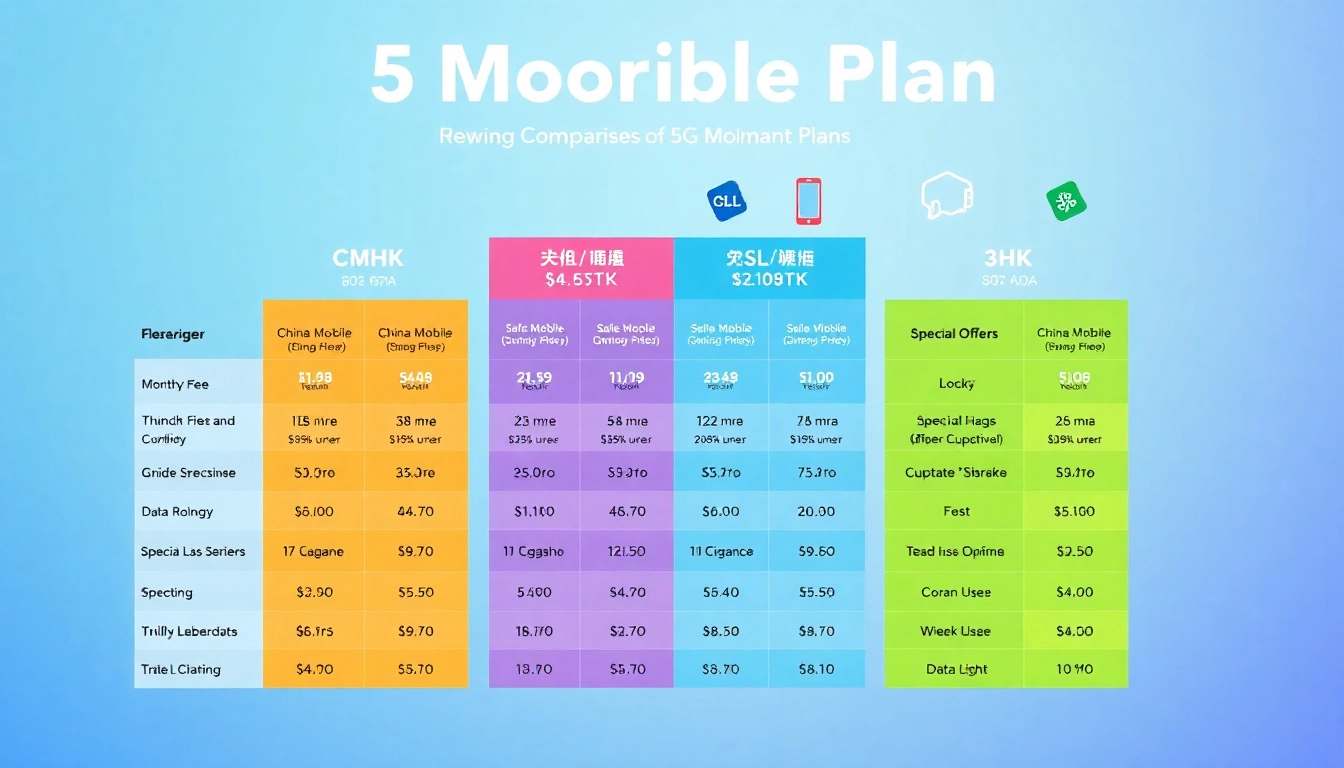香港5G計劃比較的資訊圖表,包含不同電訊商的月費、數據限制和特別優惠。