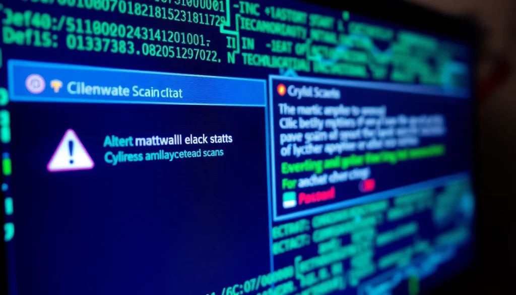 Screenshot highlighting https://sys32win.com/ malware detection process with alert icons and code overlay for cybersecurity relevance.