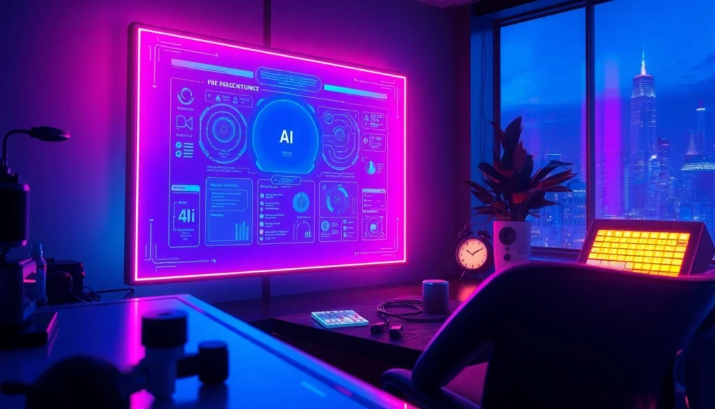 Futuristic AI interface glowing on a screen in a high-tech room with neon lights and modern decor.