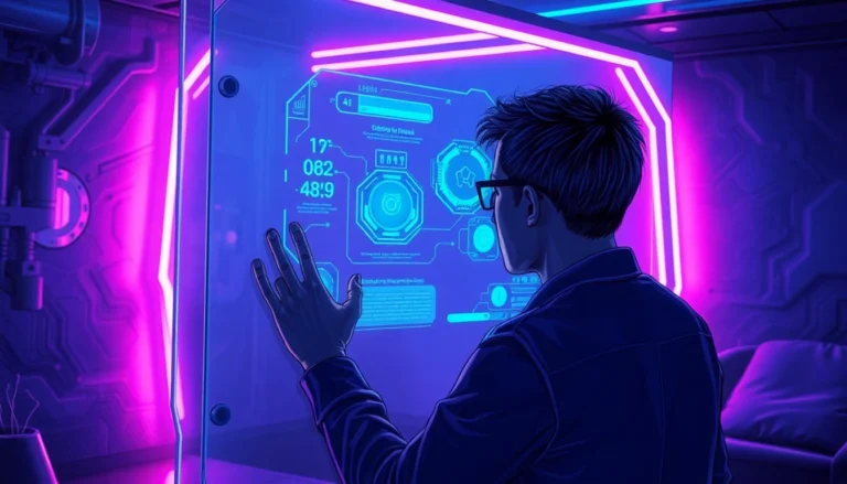 Futuristic person interacting with a neon-lit AI interface in a high-tech room.