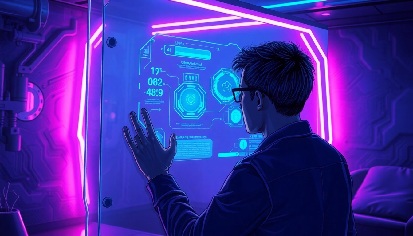 Futuristic person interacting with a neon-lit AI interface in a high-tech room.