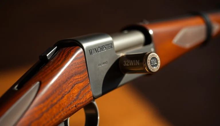 Detailed image of a 32WIN cartridge with vintage rifle in a realistic style, highlighting craftsmanship and history.