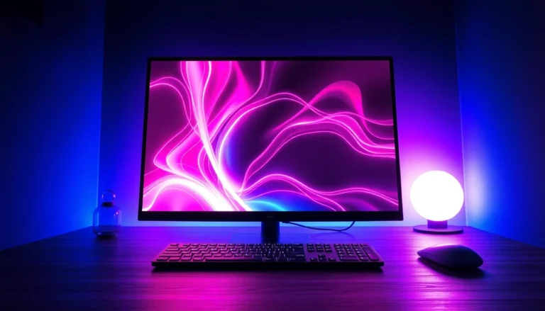 Futuristic digital workspace with neon lighting and sleek technology