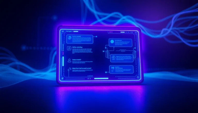 Futuristic AI interface on a glowing screen with neon lights in a modern tech environment.