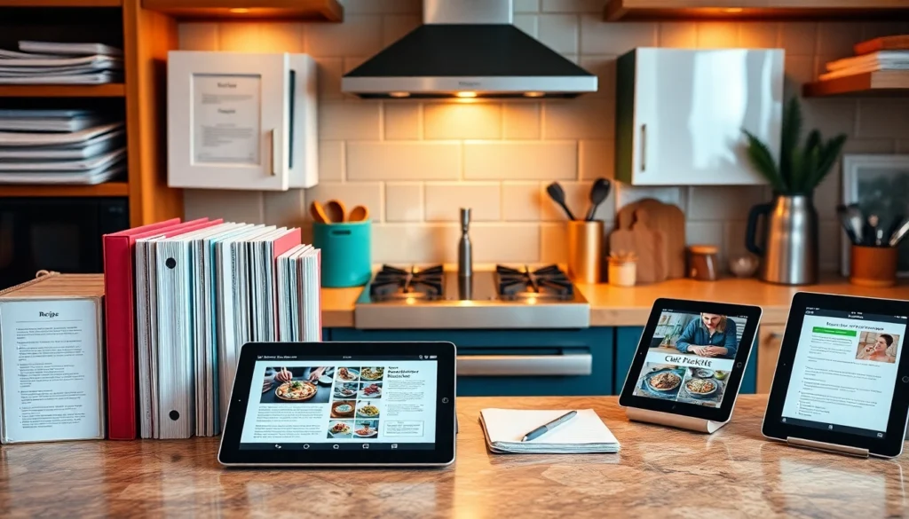 Organize recipe collection with a neat kitchen setup featuring both digital devices and labeled paper binders, demonstrating effective recipe organization methods.