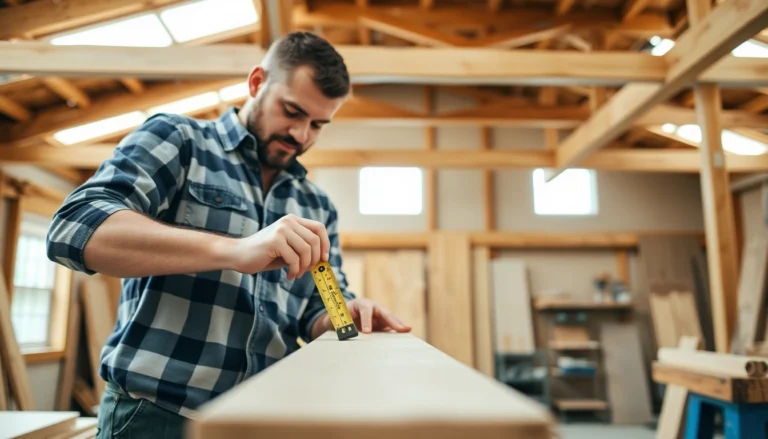 Carpenter expertly measuring wood in a bright workshop, highlighting skillful craftsmanship and attention to detail.