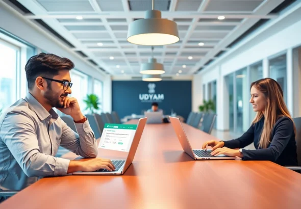 Udyam registration process for MSMEs illustration with entrepreneurs filling out online forms on devices, highlighting simplicity and official portal access.