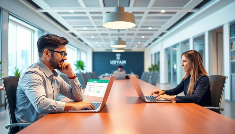 Udyam registration process for MSMEs illustration with entrepreneurs filling out online forms on devices, highlighting simplicity and official portal access.