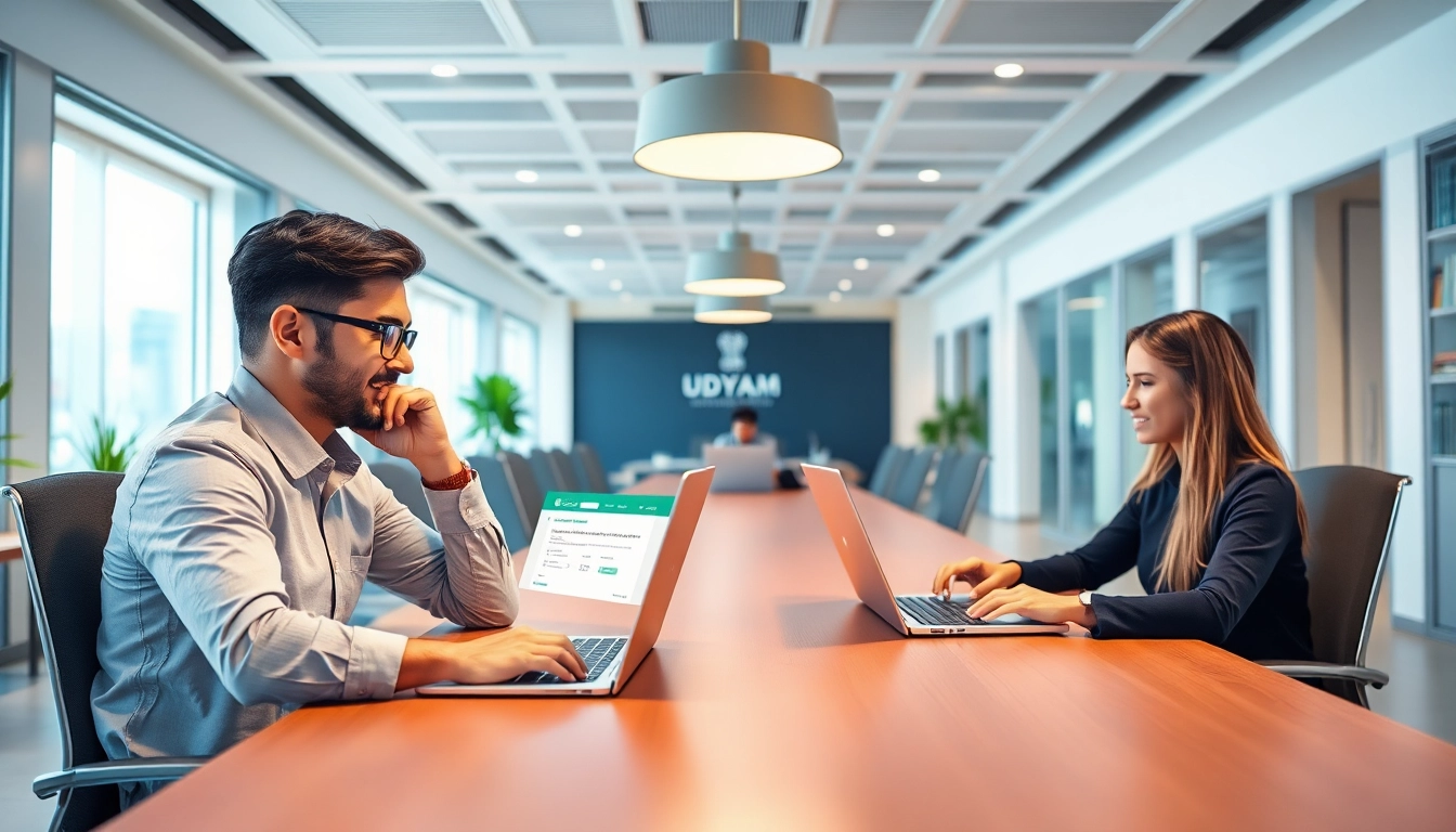 Udyam registration process for MSMEs illustration with entrepreneurs filling out online forms on devices, highlighting simplicity and official portal access.