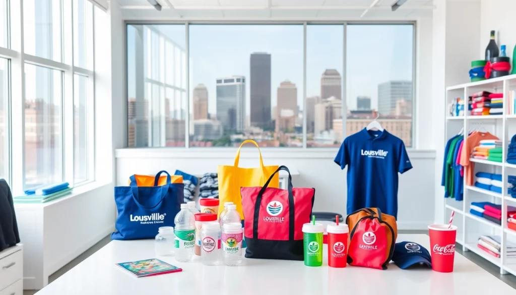 Vibrant promotional products in Louisville, including customized bags, drinkware, and apparel displayed on a sleek table, highlighting local branding options for businesses.
