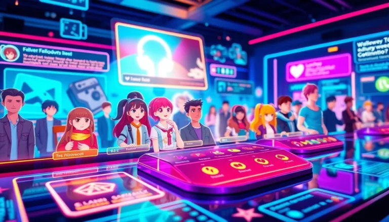 Futuristic digital social media interface with animated fandom characters and holographic elements in a vibrant, high-tech scene.