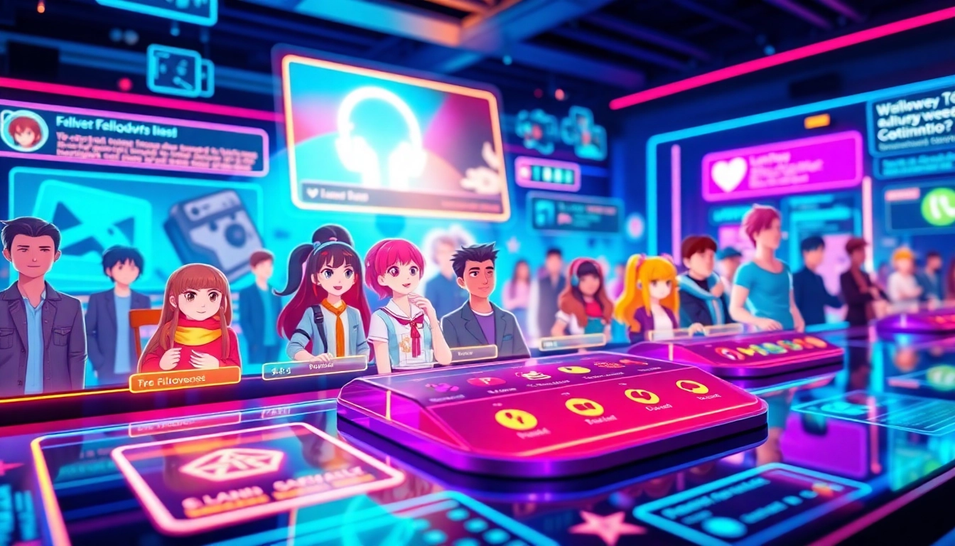 Futuristic digital social media interface with animated fandom characters and holographic elements in a vibrant, high-tech scene.