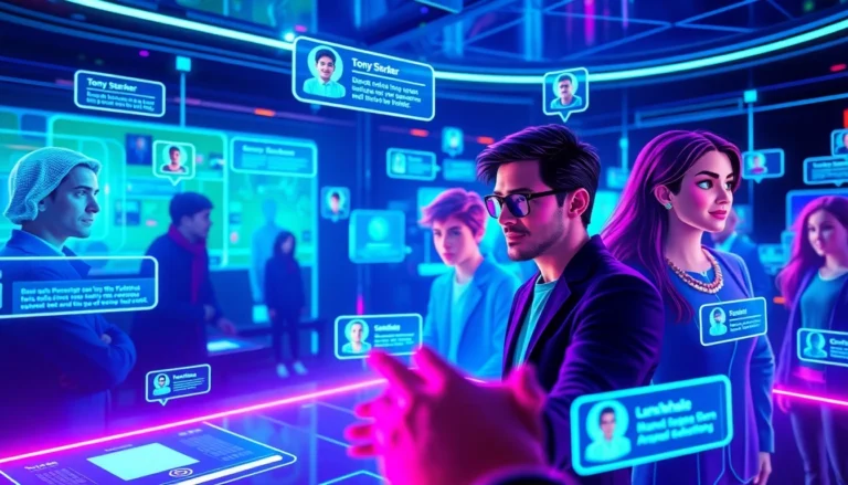 An illustration of a futuristic social media environment with holographic avatars and vibrant neon colors, representing a virtual AI-driven social platform.