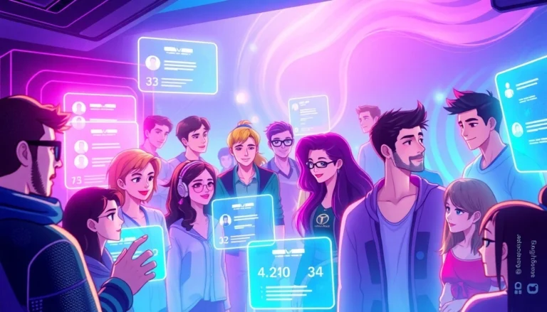 Futuristic virtual social scene with avatars interacting in a neon-lit, high-tech environment representing Status AI's online world.