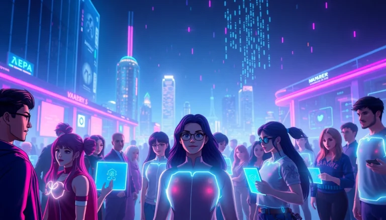 Futuristic digital social media scene with avatars and AI characters in a neon-lit cityscape.