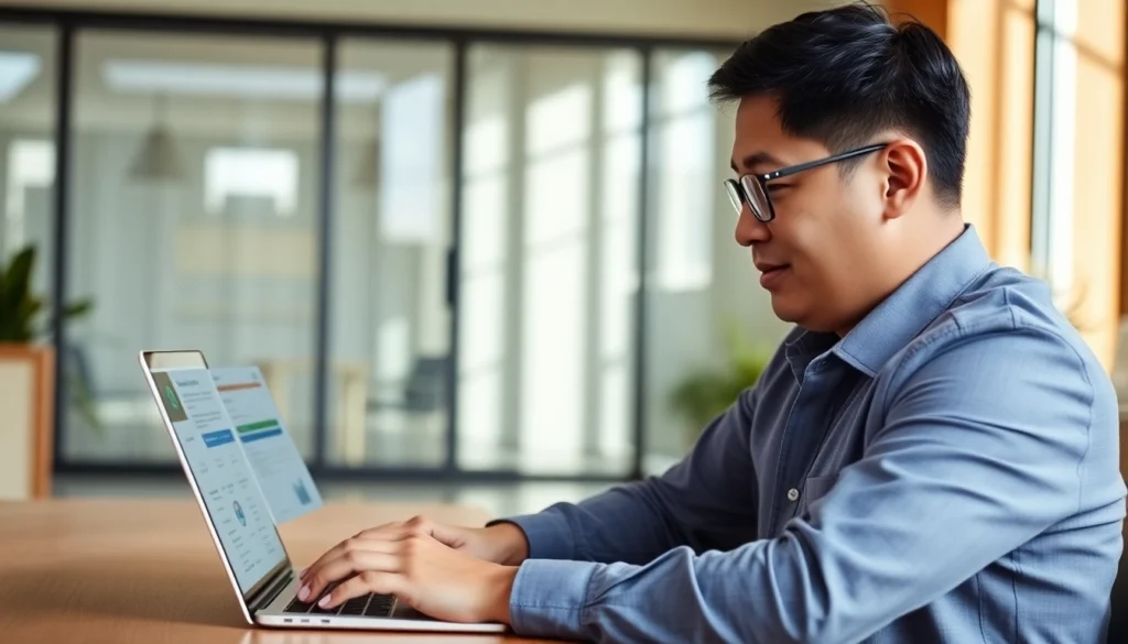Pondo Pinoy Business loan application being completed online by a Filipino entrepreneur in a modern office environment.