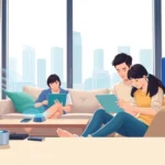 香港家居客廳中，一家人使用多款電子設備，背景展示城市景觀，彰顯高速穩定寬頻的重要性。