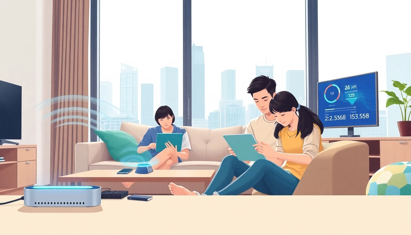 香港家居客廳中，一家人使用多款電子設備，背景展示城市景觀，彰顯高速穩定寬頻的重要性。