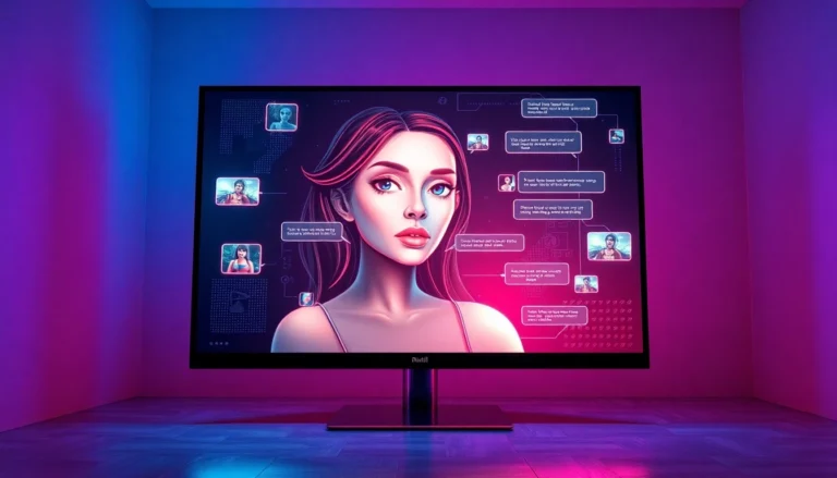 Futuristic AI chat interface with a virtual female character on a high-tech screen in a dimly lit room.