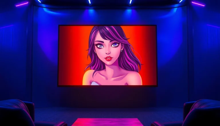 Futuristic AI chat interface with a vibrant animated female character in a neon-lit room.
