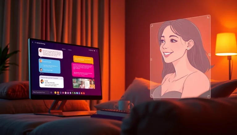 A digital scene showing a virtual AI girlfriend with a chat interface and holographic visuals in a cozy room.