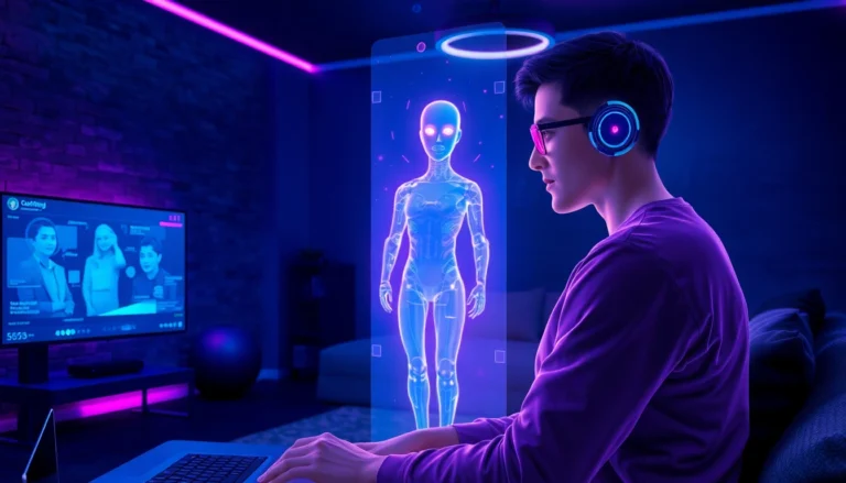 An immersive digital scene of a user interacting with a holographic AI girlfriend in a futuristic setting.