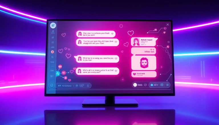 A futuristic AI chat interface with visual character representations and neon lighting.
