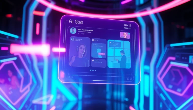 Futuristic AI interface with holographic chat and visual storytelling elements in a high-tech environment.