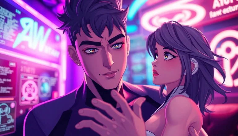 Futuristic digital scene of an AI character engaging in an immersive NSFW interaction with vibrant neon colors and detailed textures.