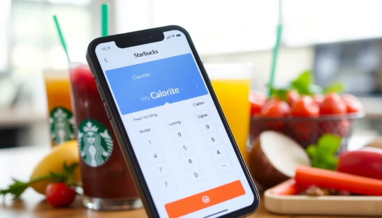 Interactive Starbucks calories calculator on a smartphone showing drink customization with vibrant Starbucks beverages in the background for easy calorie tracking.