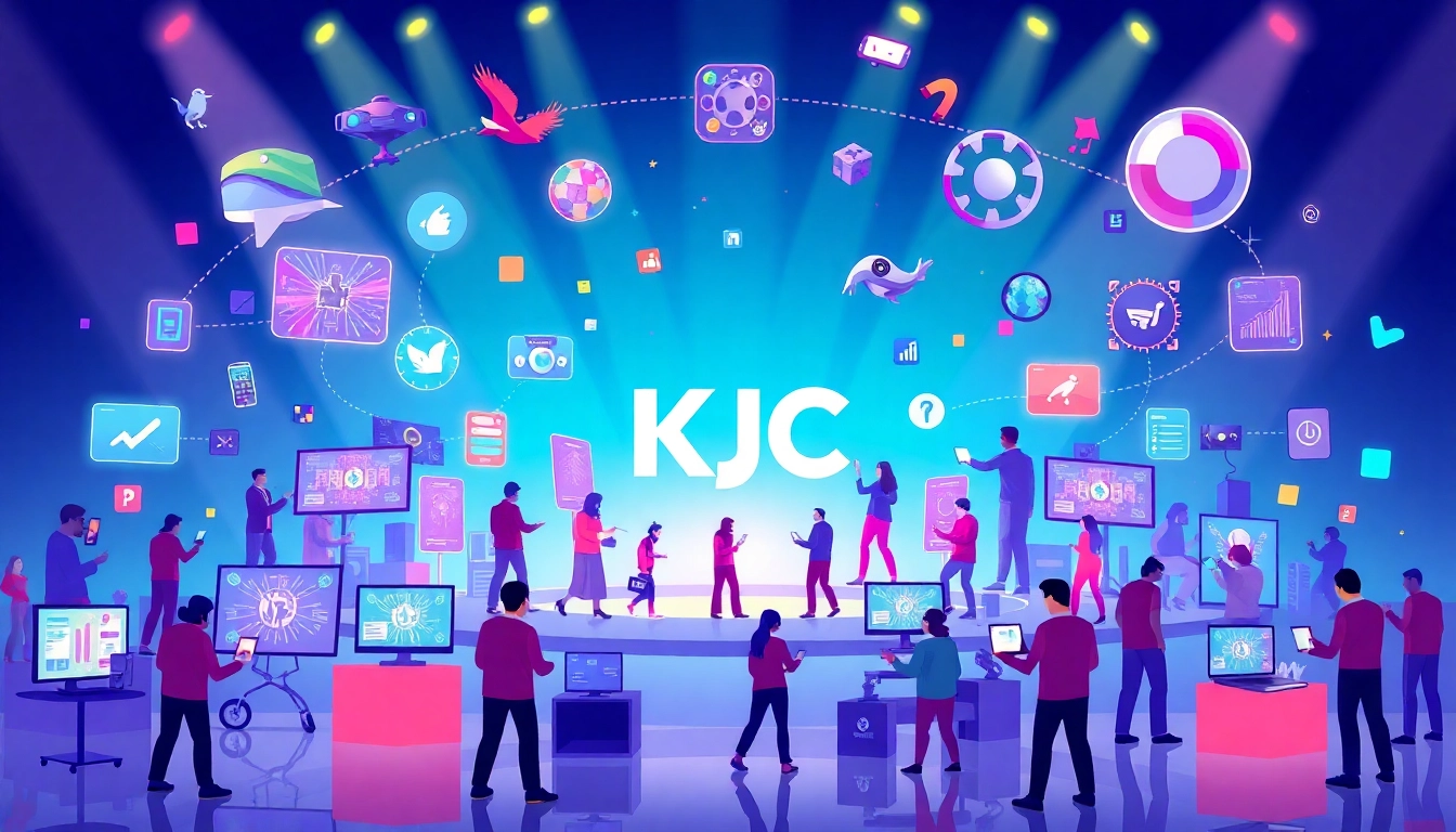KJC logo in the center surrounded by globe and digital entertainment icons illustrating a