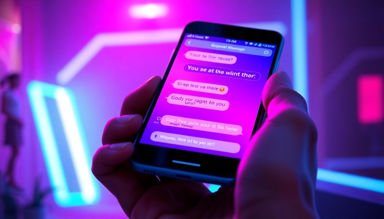 Close-up of a smartphone displaying a flirtatious digital chat interface with neon lighting effects.