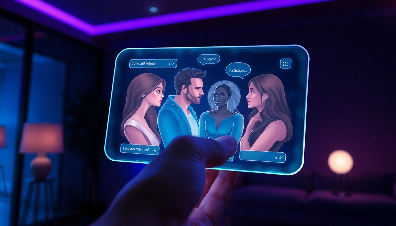 Close-up of a person's hand holding a transparent device with holographic AI avatars engaging in flirtatious conversation in a dimly lit room.