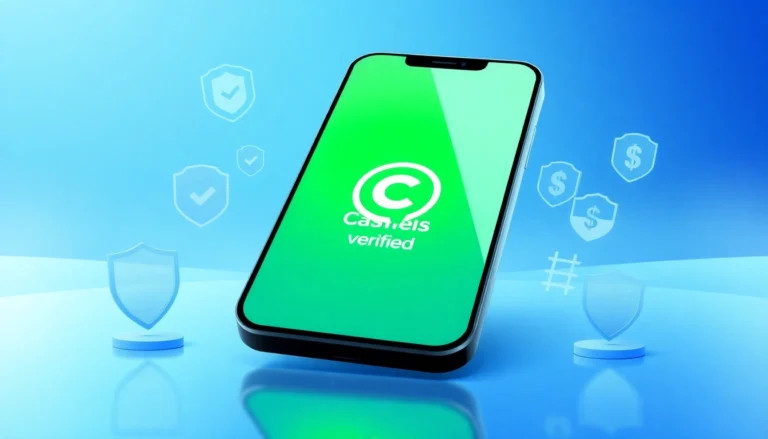 A sleek smartphone displaying the Cash App logo with icons of verified accounts and security symbols, set against a modern high-tech background.