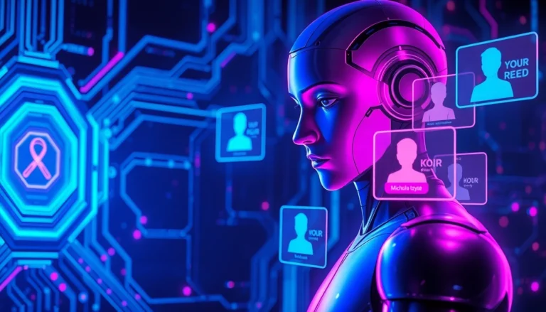 Futuristic digital scene showcasing AI holographic interfaces and a humanoid figure in a cybernetic environment.