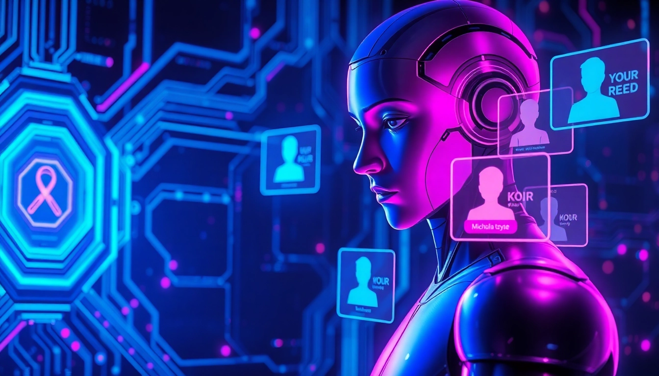 Futuristic digital scene showcasing AI holographic interfaces and a humanoid figure in a cybernetic environment.