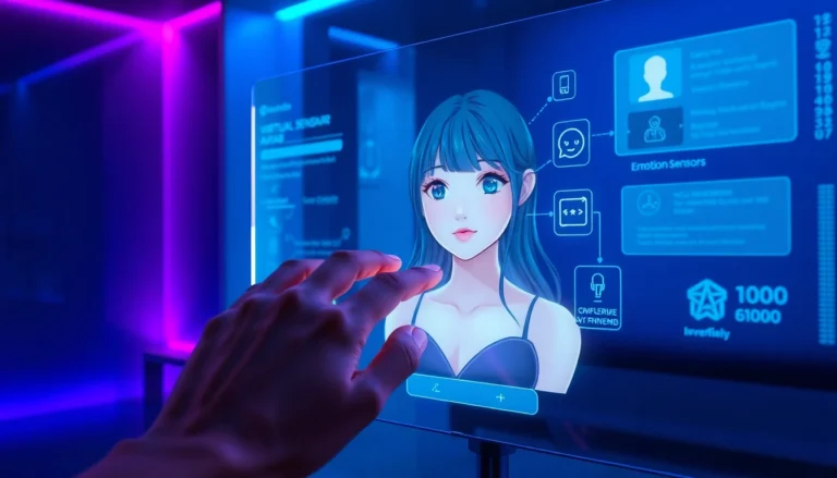 Futuristic AI interface with a customizable virtual girlfriend avatar in a dimly lit high-tech room.