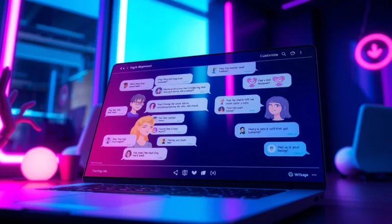 Futuristic digital chat interface with customizable AI characters in a neon-lit room