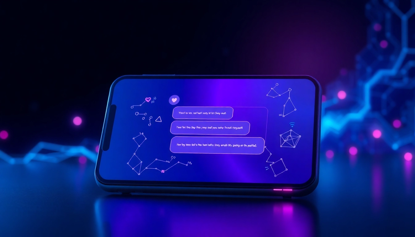 An illustration of a modern digital device displaying an AI chat interface with vibrant neon colors, futuristic design, and a digital environment background, emphasizing advanced AI communication.
