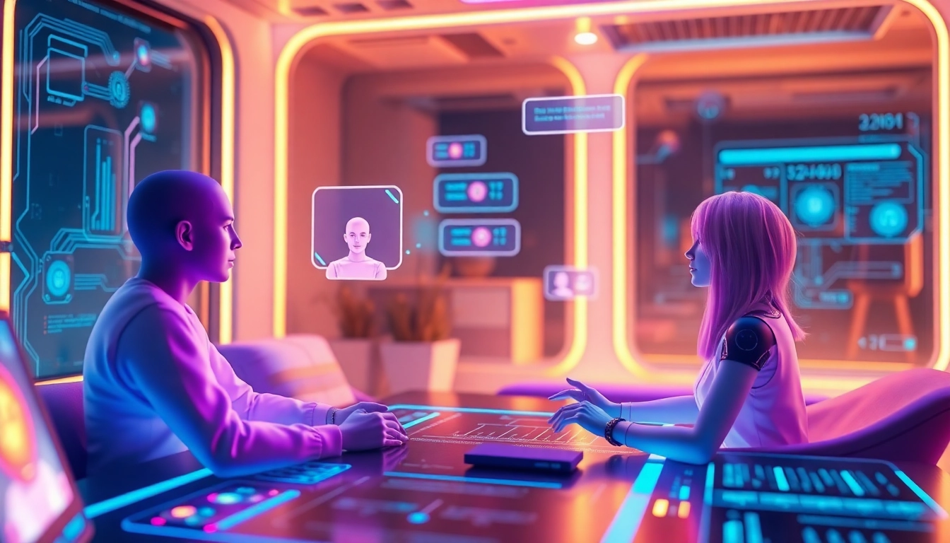 An illustration of futuristic holographic characters in a cozy virtual chat environment with glowing accents and digital textures.