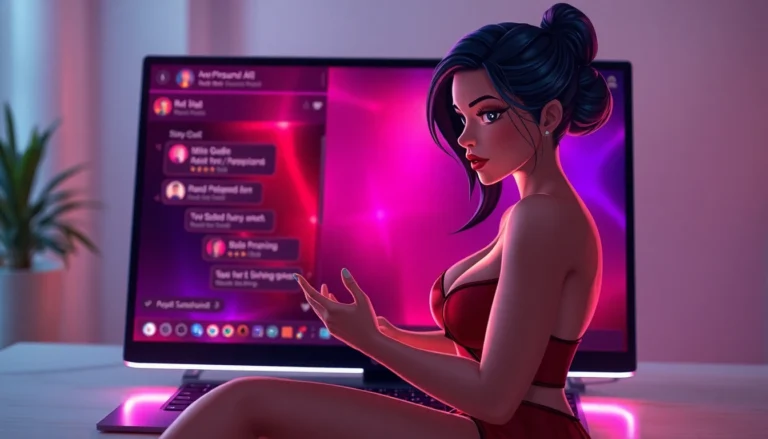Digital illustration of an intimate chat with an AI character on a glowing computer screen, emphasizing a seductive and technological mood.