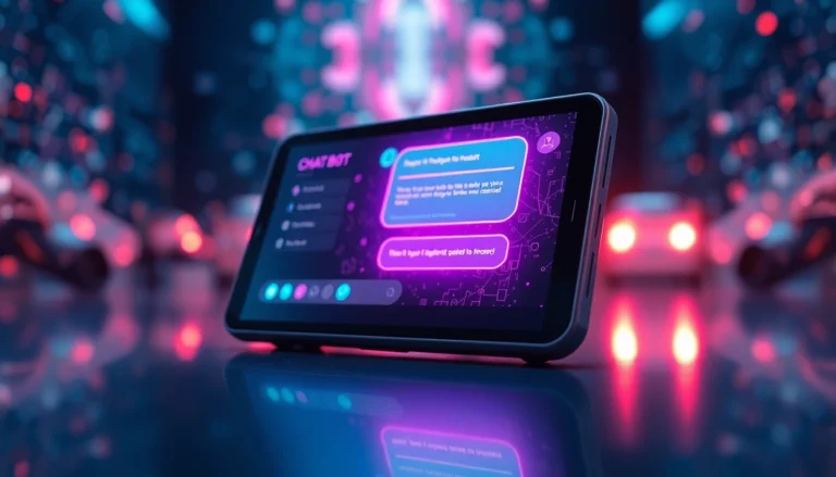 An advanced AI chatbot interface on a sleek device with neon colors and holographic data streams, emphasizing modern digital intimacy.