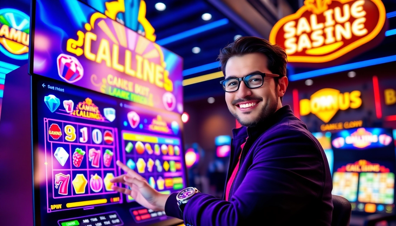 Digital gaming platform with vibrant interface, bonus banners, and a confident gamer