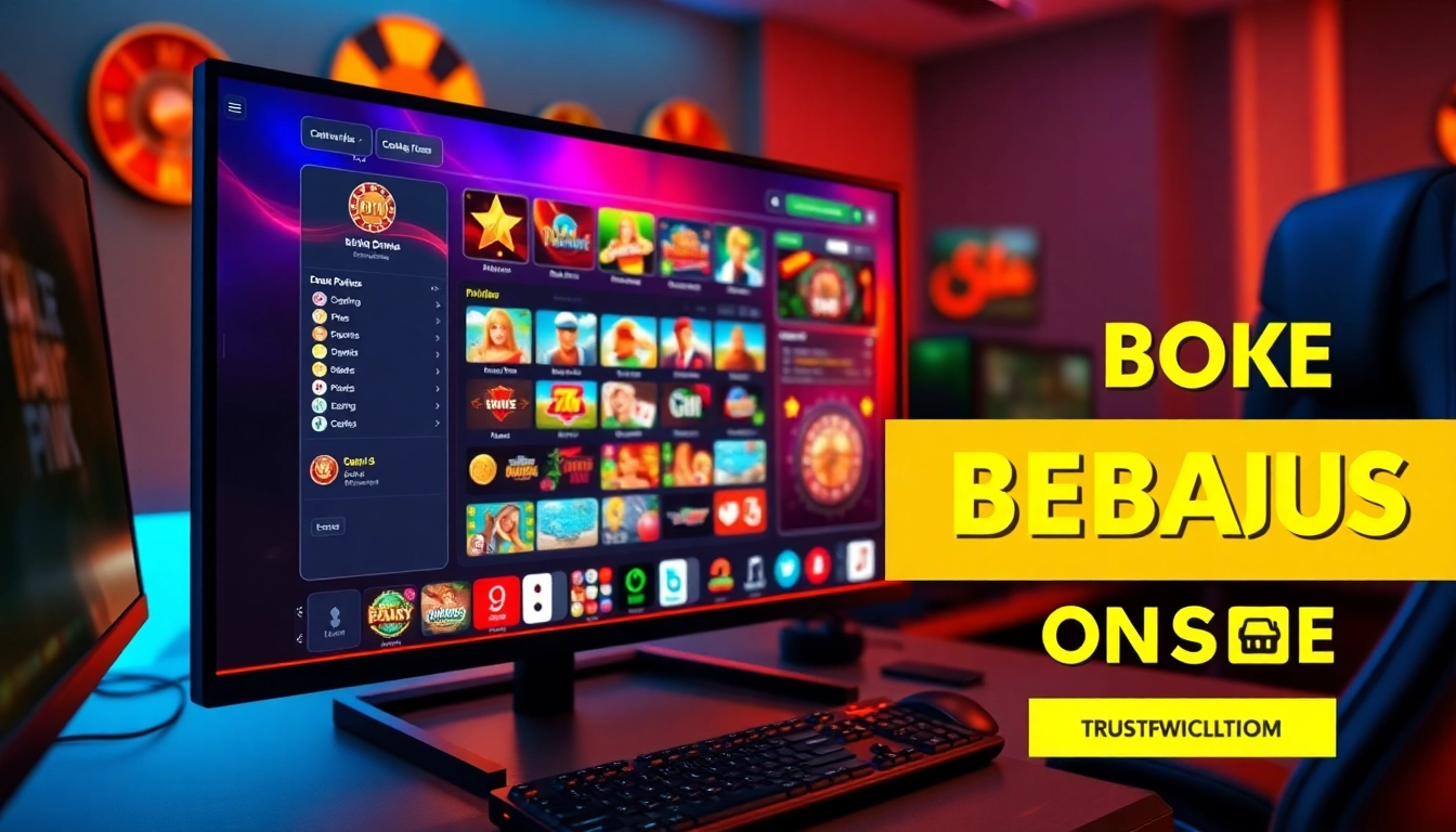 An illustration of an online gaming platform interface on a computer screen with colorful game graphics and promotional banners, in a lively and modern setting.