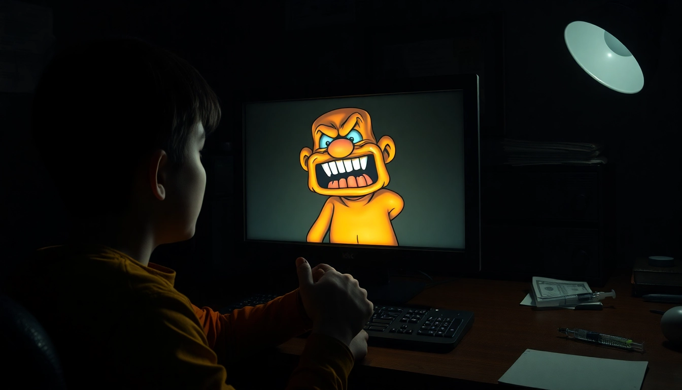 A disturbing scene of a person in a dark room watching a computer screen showing Harvey in pain, with a cluttered desk and medical bills around.