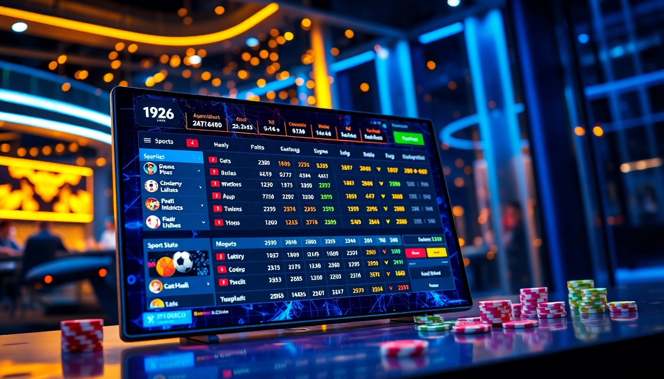 Digital sportsbook and casino interface with vibrant neon lights and colorful betting elements